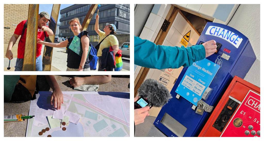 Participatory listening research activities montage (photos by Bethan Prosser & Bela Emerson): participants playing a sculpture with beaters, audio recording a coin machine & placing items on a map.