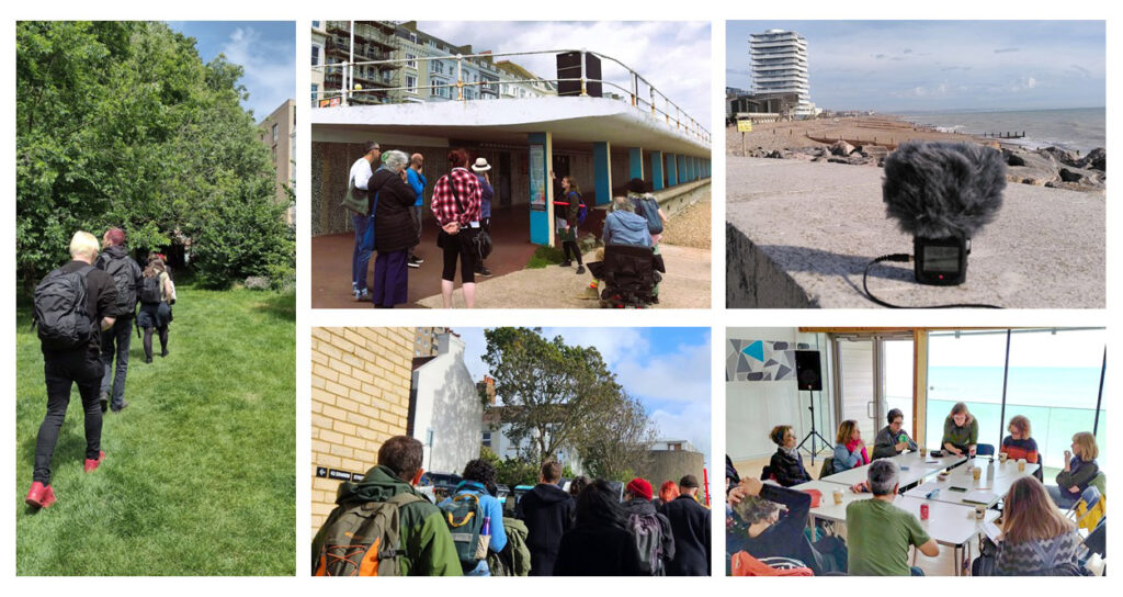 Participatory listening research activities montage (photos by Bethan Prosser & Bela Emerson): participants walking in a park, promenade and street, gathered around a table, plus audio recorder on seafront.
