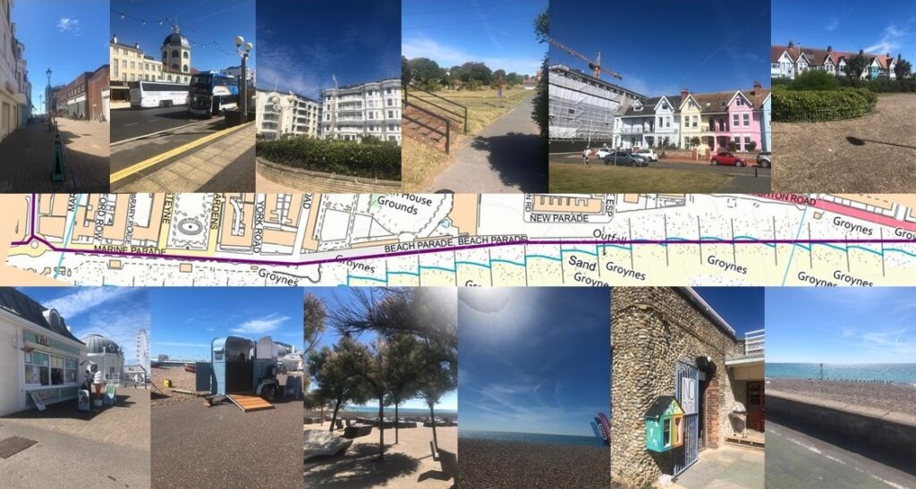 Participants' listening walk route & photos: purple line runinng along Worting seafront map with collection of photos